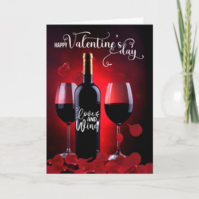 Tarjeta Festiva Petales Rosas y El día de San Valentín de vino (Anverso)