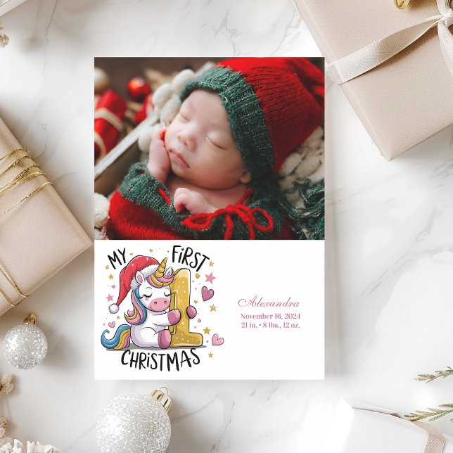 Tarjeta Festiva Photo 1st Baby Christmas Pink Gold Unicorn (Subido por el creador)