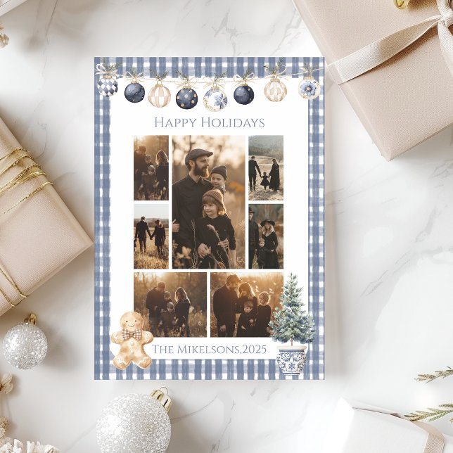Tarjeta Festiva Photo Blue Gingham Ornament Family Christmas (Subido por el creador)