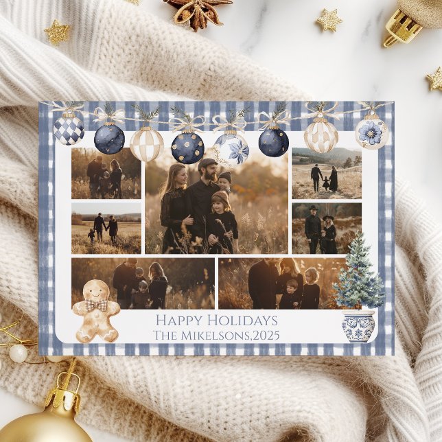 Tarjeta Festiva Photo Blue Gingham Ornament Family Christmas (Subido por el creador)