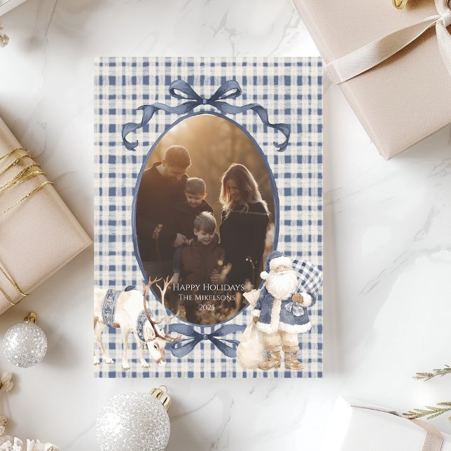 Tarjeta Festiva Photo Blue Gingham Santa Family Christmas (Subido por el creador)