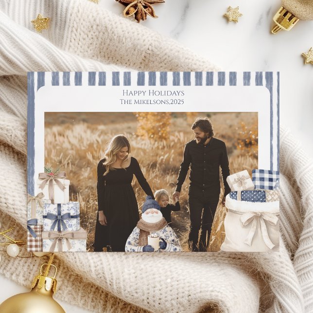 Tarjeta Festiva Photo Blue Striped Santa Family Christmas (Subido por el creador)
