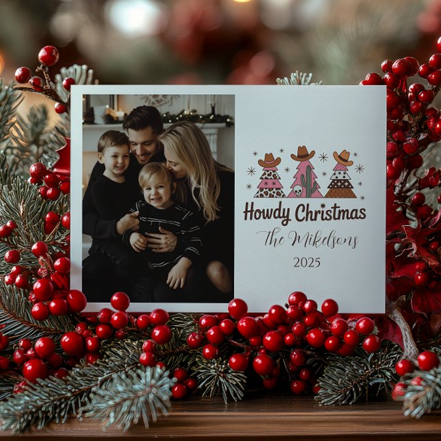 Tarjeta Festiva Photo Boho Western Pink Cowgirl Christmas (Subido por el creador)