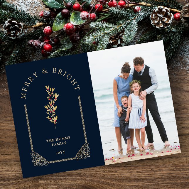 Tarjeta Festiva Photo Christmas Botanical Dome Arch Effect in Gold (Christmas Card with Botanical Dome Arch Effect in Faux Gold and Photo with Envelope.)