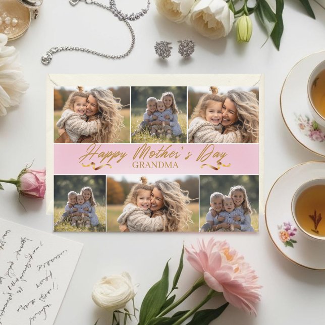 Tarjeta Festiva Photo Collage Pink Happy Mother's Day Grandma (Subido por el creador)