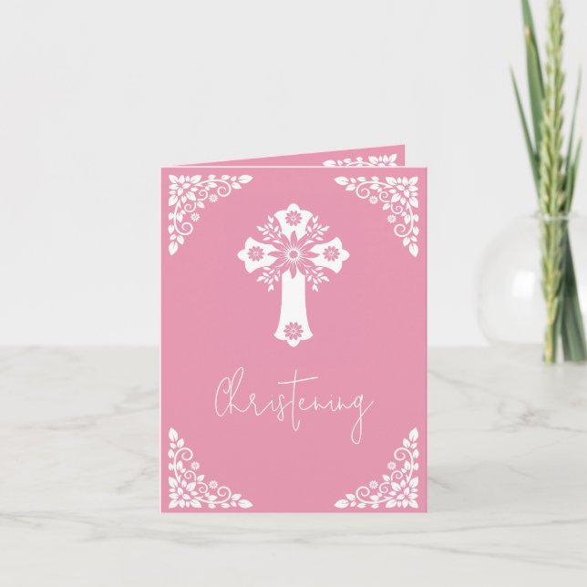 Tarjeta Festiva Photo Invitation For Christening Cross Rose Pink (Anverso)