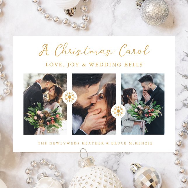 Tarjeta Festiva Photo Minimal Snowflakes Newlyweds First Christmas (Minimalist Snowflakes Newlyweds First Christmas 3 Photos Collage In Faux Gold Holiday Card.)