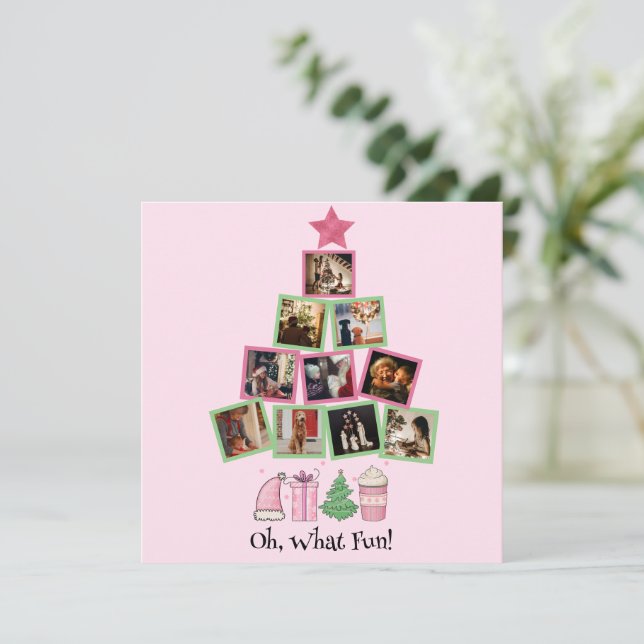 Tarjeta Festiva Photo Oh, What Fun Pink & Green Christmas (Anverso de pie)