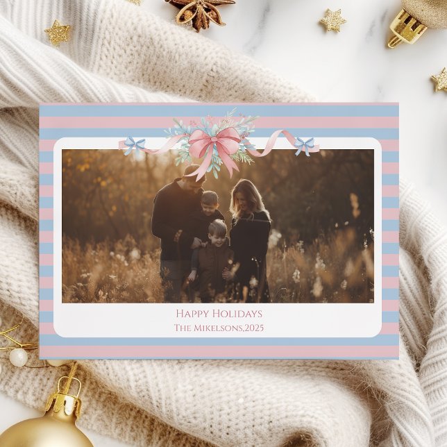 Tarjeta Festiva Photo Pastel Ribbon Pine Family Christmas (Subido por el creador)