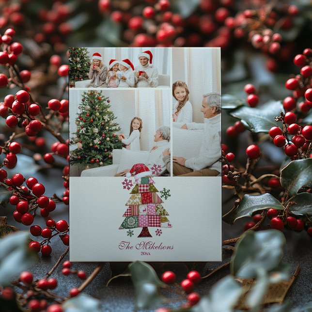 Tarjeta Festiva Photo Patchwork Christmas Tree Preppy (Subido por el creador)