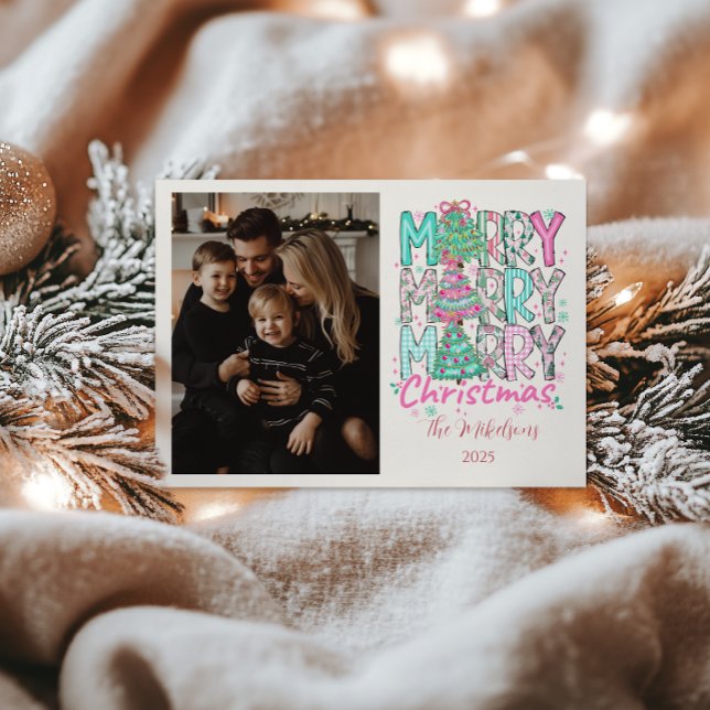 Tarjeta Festiva Photo Pink Merry Merry Christmas Tree (Subido por el creador)