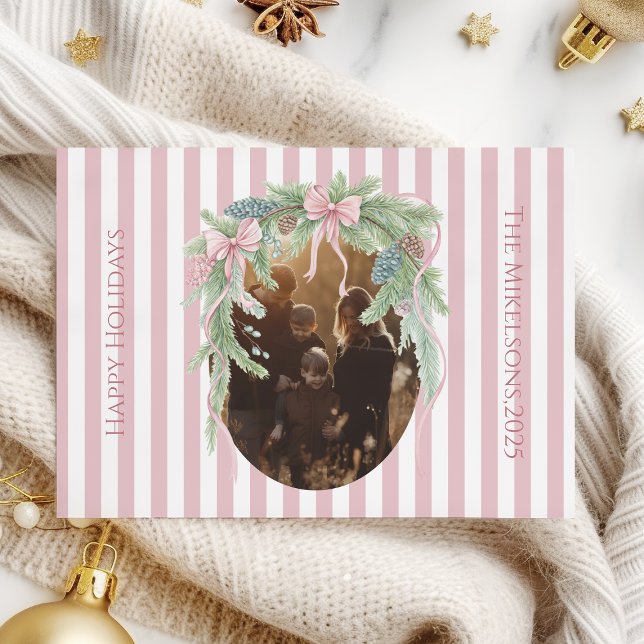Tarjeta Festiva Photo Pink Ribbon Pine Family Christmas (Subido por el creador)
