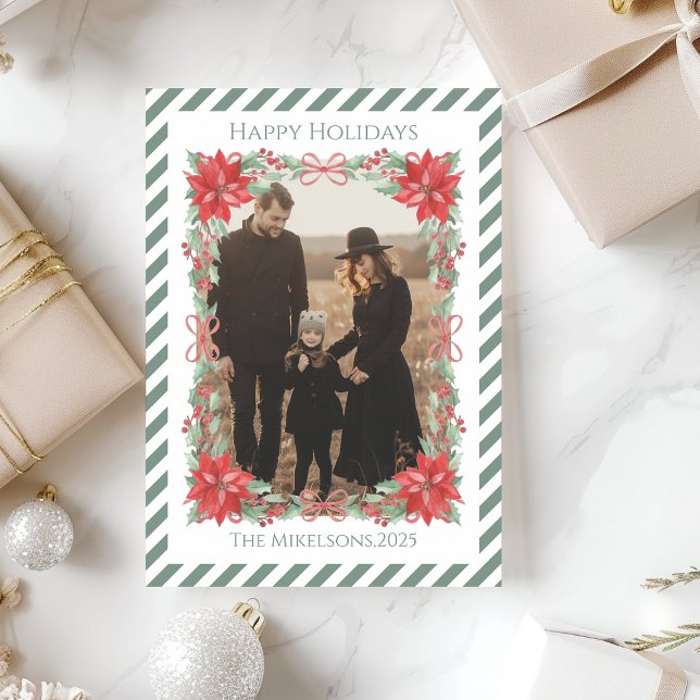 Tarjeta Festiva Photo Poinsettia Botanical Stripe Christmas (Subido por el creador)