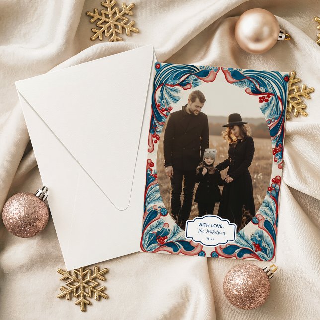 Tarjeta Festiva Photo Red Berry & Blue Pine Christmas (Subido por el creador)