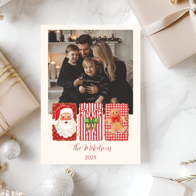 Tarjeta Festiva Photo Retro Gingham Santa Gingerbread Christmas (Subido por el creador)