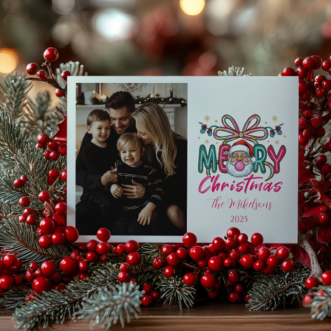 Tarjeta Festiva Photo Retro Santa Merry Christmas Coquette Bow (Subido por el creador)