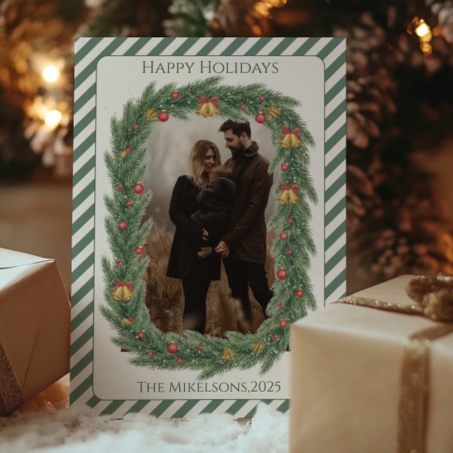 Tarjeta Festiva Photo Rustic Evergreen Bell Christmas (Subido por el creador)