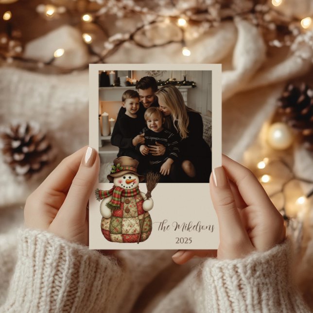 Tarjeta Festiva Photo Rustic Patchwork Snowman Christmas (Subido por el creador)