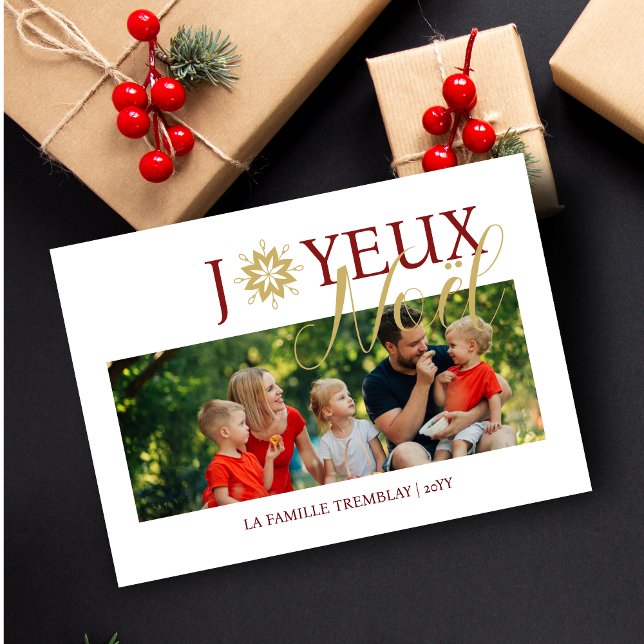 Tarjeta Festiva Photo Sophisticated French Exquisite Snowflake  (Sophisticated French Exquisite Snowflake Joyeux Noël Quote Photo Holiday Card with Envelope. )