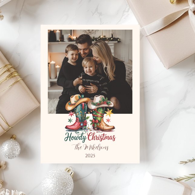 Tarjeta Festiva Photo Western Cowboy Boots Rustic Howdy Christmas (Subido por el creador)