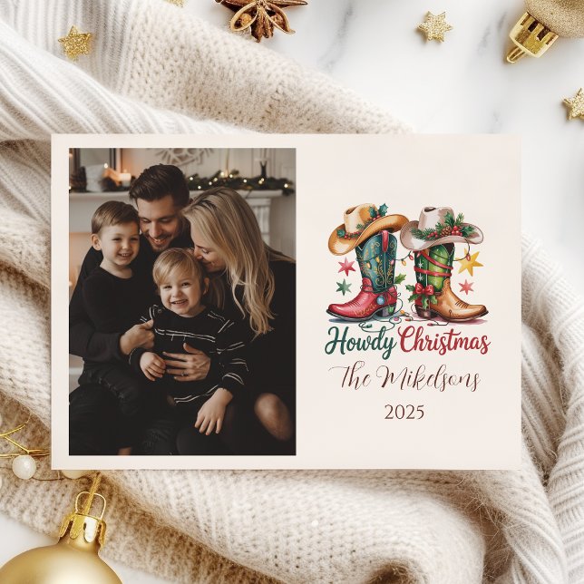 Tarjeta Festiva Photo Western Cowboy Boots Rustic Howdy Christmas (Subido por el creador)