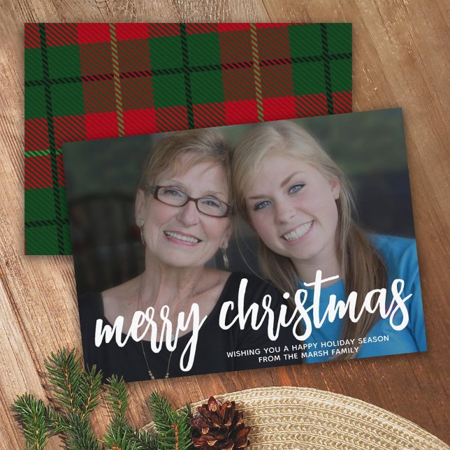 Tarjeta Festiva Photo with huge MERRY Christmas  - Red Green Plaid (Subido por el creador)