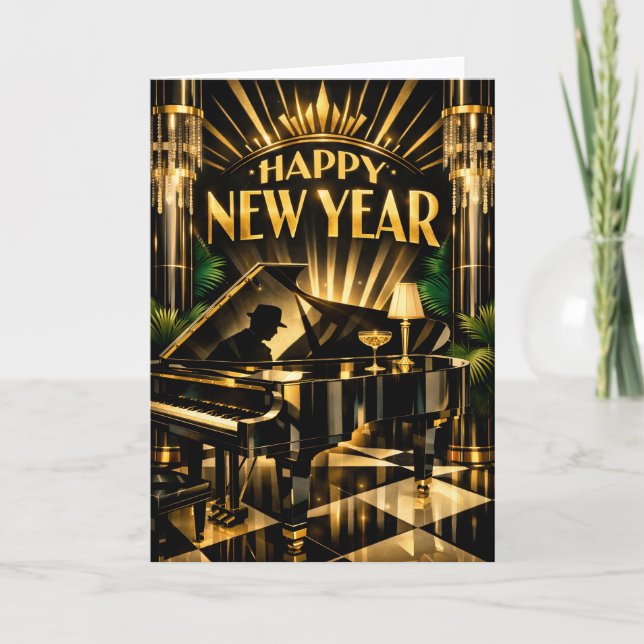 Tarjeta Festiva Piano Art Déco Glamuroso Año Nuevo (Anverso)