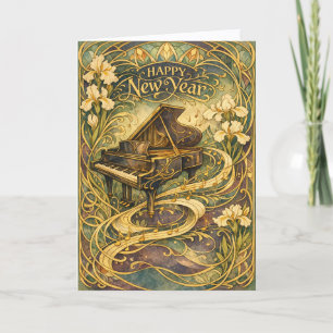 Tarjeta Festiva Piano Art Nouveau Floral Feliz Año Nuevo