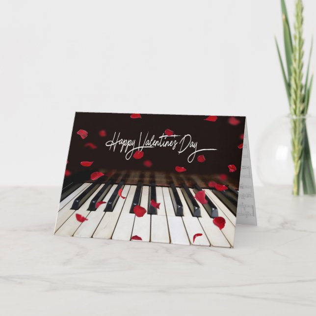 Tarjeta Festiva Piano el día de San Valentín y Petales Rosas (Anverso)