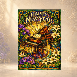 Tarjeta Festiva Piano Floral Año Nuevo en Vidrio Emplomado
