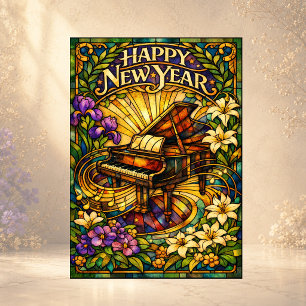 Tarjeta Festiva Piano Floral Año Nuevo en Vidrio Emplomado