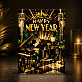 Tarjeta Festiva Piano Glamuroso Art Déco Año Nuevo