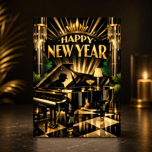 Tarjeta Festiva Piano Glamuroso Art Déco Año Nuevo