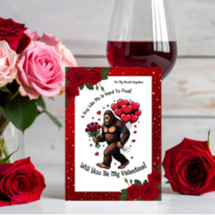 Tarjeta Festiva Pie Grande Sasquatch San Valentín Romántico Brillo
