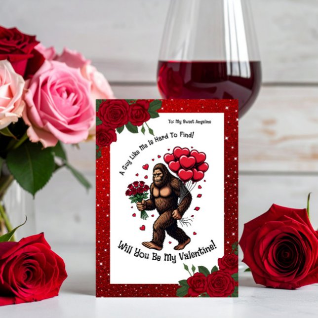 Tarjeta Festiva Pie Grande Sasquatch San Valentín Romántico Brillo (Subido por el creador)