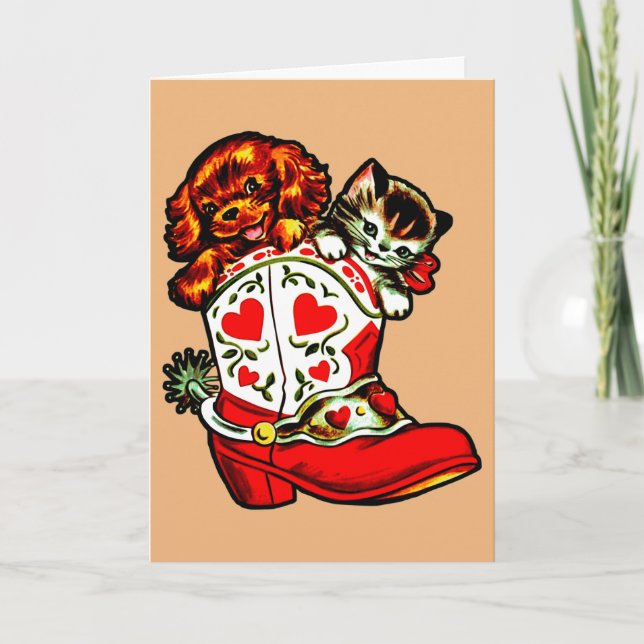 Tarjeta Festiva Pieles a los bebés en un San Valentín de bota (Anverso)