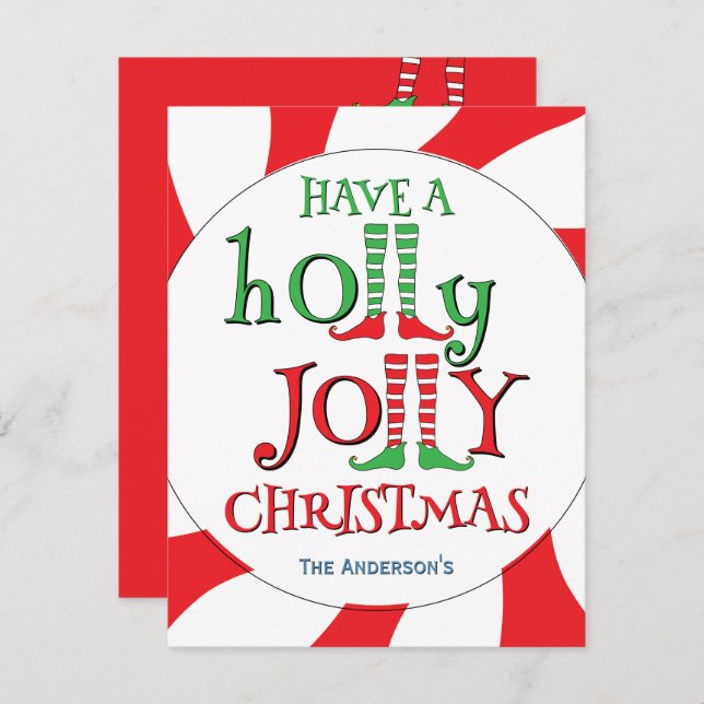 Tarjeta Festiva Piernas de Duende Holly Jolly Sobrecarga de Dulces (Anverso / Reverso)