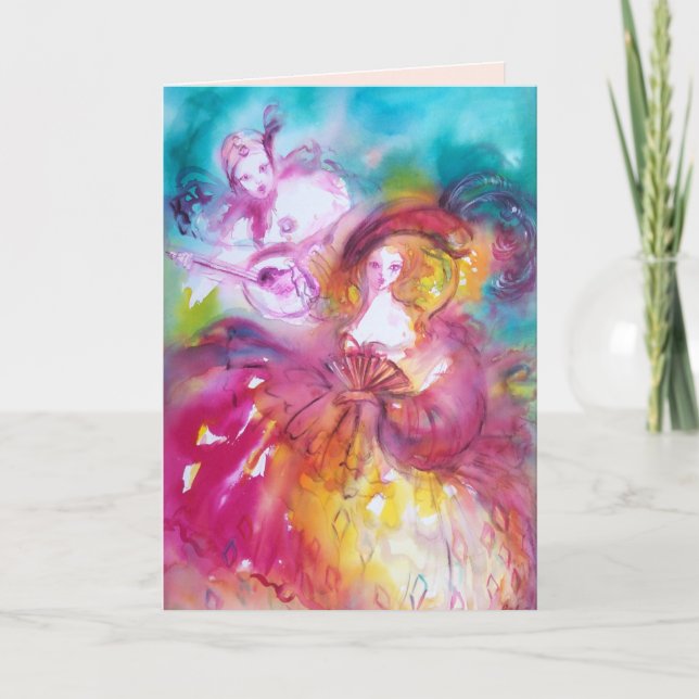 Tarjeta Festiva PIERROT Y El día de San Valentín ARLECCHINA (Anverso)