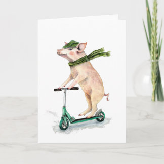 Tarjeta Festiva Piggy on a scooter