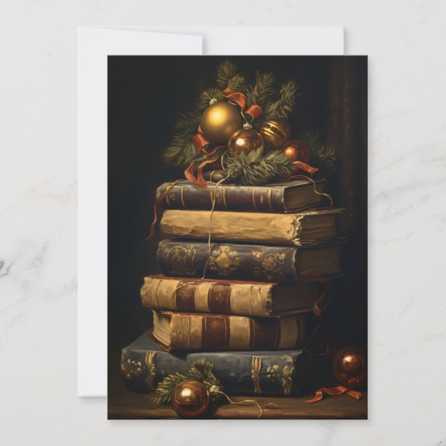 Tarjeta Festiva Pila de libros de época con decoración de Navidade (Anverso)