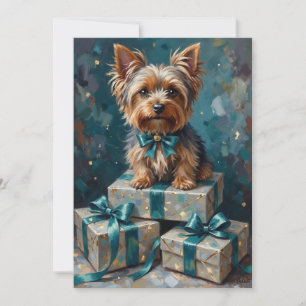 Tarjeta Festiva Pila de regalos de vacaciones para perros Yorkshir