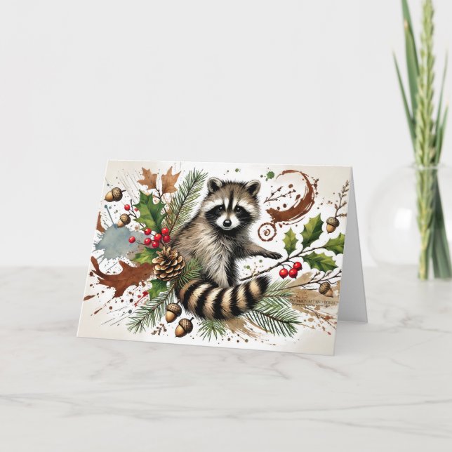 Tarjeta Festiva Piñas de pino Mapache rústico Bayas de acebo Bello (Anverso)