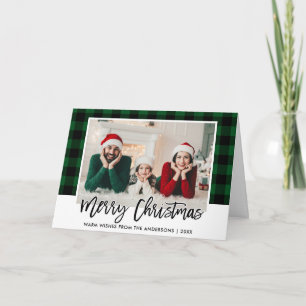 Tarjeta Festiva Pincel Escritura Verde Cuadros Foto Familia Navida