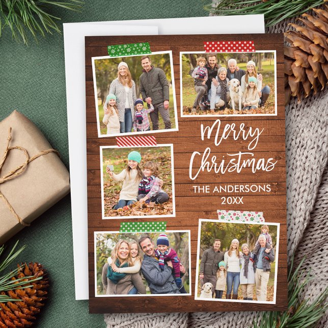 Tarjeta Festiva Pincel Script Merry Christmas Wood Craft (Customize to add text or more photos to back of card.)