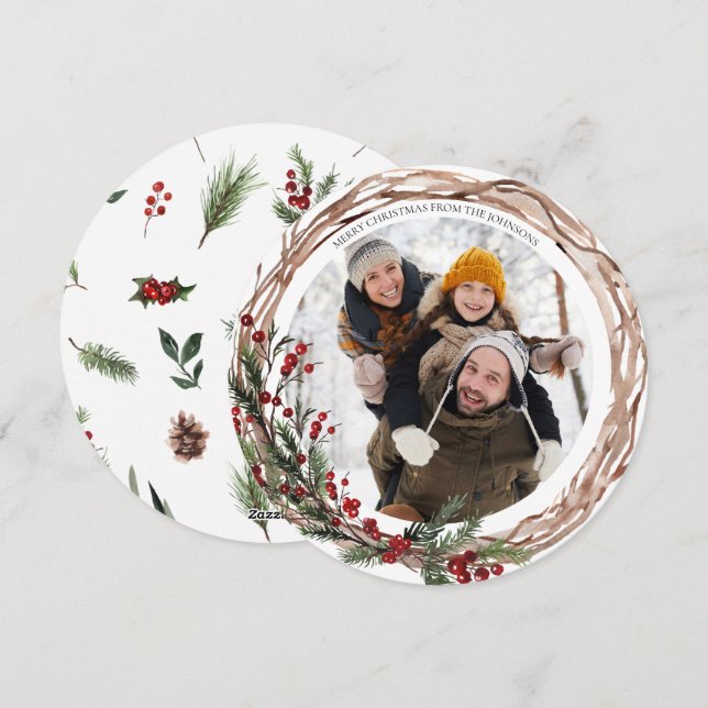 Tarjeta Festiva Pine Berry Natural Botanicals Round Photo Holiday (Anverso / Reverso)