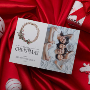 Tarjeta Festiva Pine Berry Wreath Merry Christmas Script Photo Hol