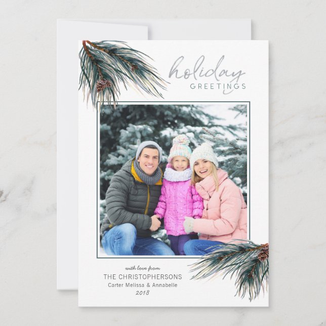 Tarjeta Festiva Pine Boughs Watercolour HOLIDAY GREETINGS Photo (Anverso)