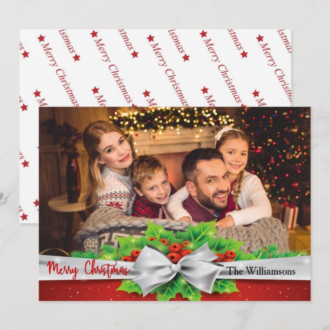 Tarjeta Festiva Pine Bow Con Navidades De Fotografía Holly (Anverso / Reverso)