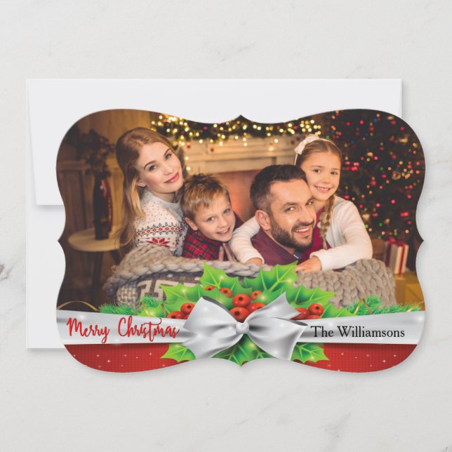 Tarjeta Festiva Pine Bow With Holly Photo Fancy Cut Christmas (Anverso)