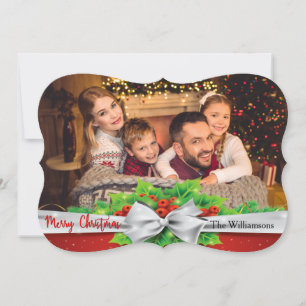 Tarjeta Festiva Pine Bow With Holly Photo Fancy Cut Christmas